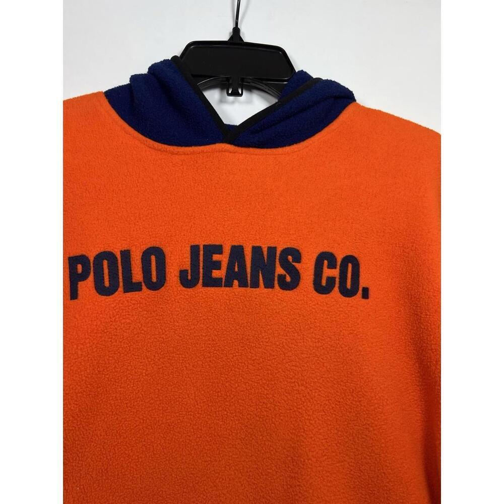 Vtg Ralph Lauren Polo Jeans Co Fleece Hoodie Orange Blue Hood 90s Mens L - Picture 2 of 6